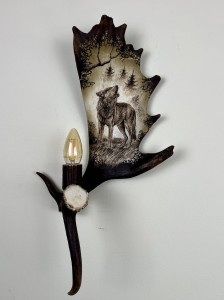 Kinkiet z poroża łopat daniela -  grawerunek rzeźba wilk